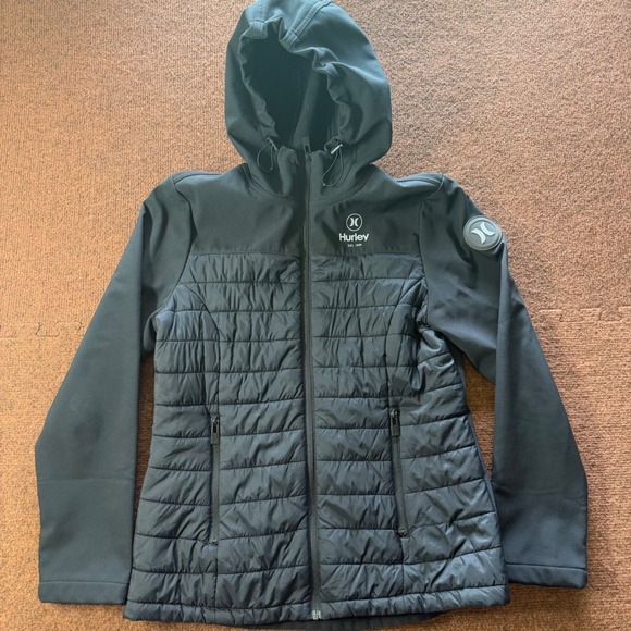 Hurley Jackets & Blazers - A+ Hurley Womens Black Hybrid Quilted Puffer Softshell Hooded Jacket Size S 1146
